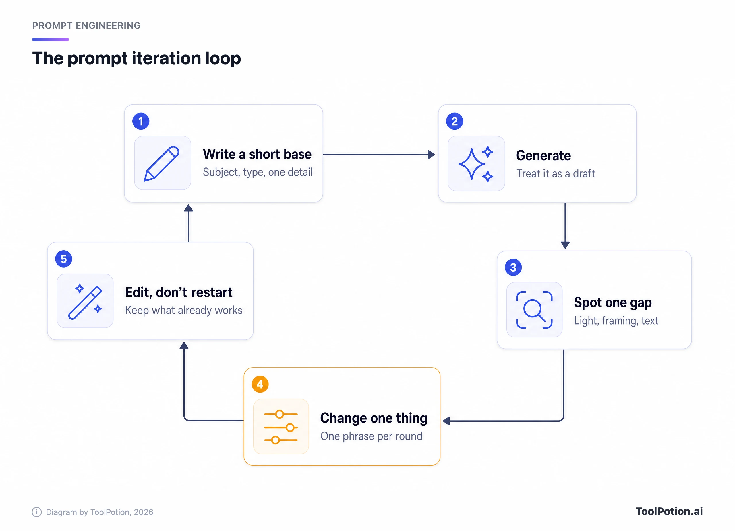 Five-step loop for iterating on an image prompt: write a short base, generate, spot one gap, change one thing, edit instead of restarting.