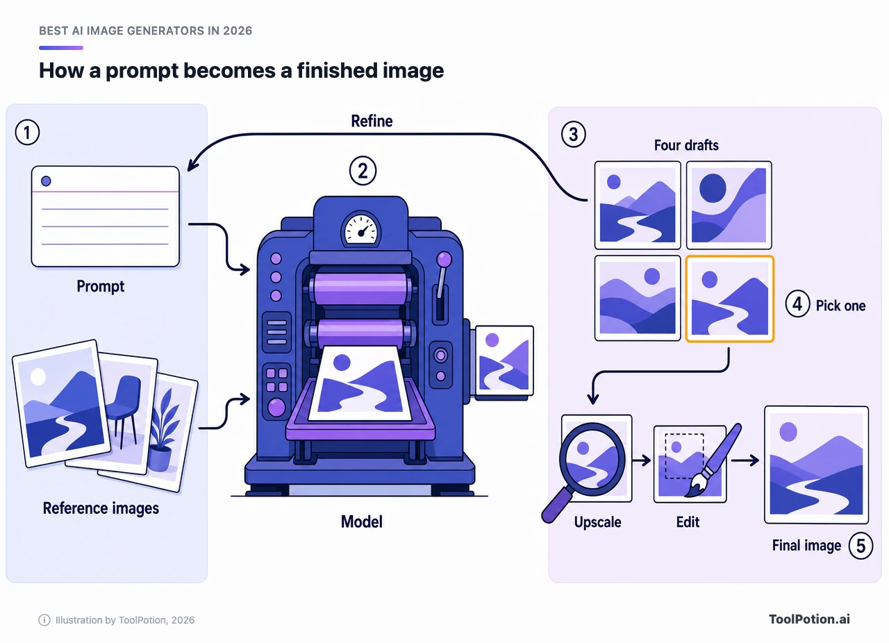 Illustrated pipeline: a prompt and reference images feed a model, which returns four drafts; you pick one, refine the prompt if needed, then upscale and edit to reach the final image.