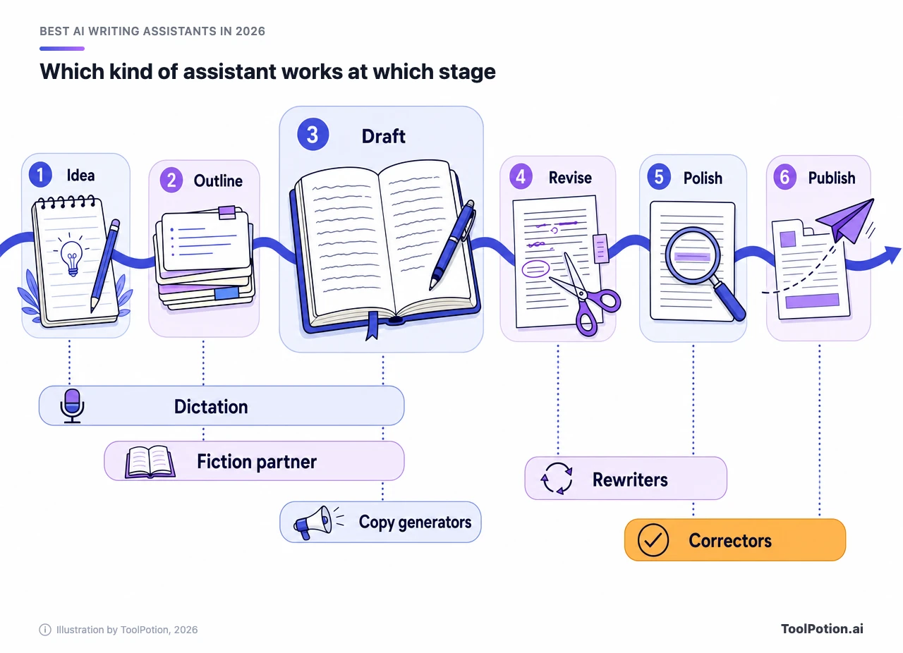 Six-stage writing workflow from idea to publish, with lanes showing where each assistant type helps: dictation early, fiction partners at outline and draft, copy generators at draft, rewriters at revise and polish, correctors at polish and publish.